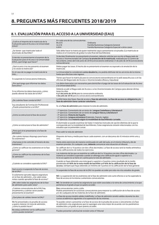 17
8.1. EVALUACIÓN PARA EL ACCESO A LA UNIVERSIDAD (EAU)
¿Cuál es el importe de la matrícula de la
Evaluación para el Acceso a la Universidad
(EAU)?
En cada una de las convocatorias:
84,43 €
42,21€
0,00 €
Ordinaria
Familia Numerosa Categoría General
Familia Numerosa Categoría Especial u otros casos
¿Se tienen que matricular todo el
alumnado de Bachiller?
Sólo debe hacer la matrícula quien realmente vaya a presentarse a la prueba. (La matrícula se
realiza en el momento de grabar la nota final del bachillerato)
Si decido no presentarme al examen de la
Evaluación para el Acceso a la Universidad
(EAU) ¿qué tengo que hacer?
Si decides finalmente no presentarte al examen, deberás solicitar por escrito al Negociado de
Acceso o Vicerrectorados de Campus la anulación de la matrícula, realizada por tu Centro de
Secundaria, antes del 6 de junio de 2018 (convocatoria ordinaria) ó 4 de julio de 2018 (convocatoria
extraordinaria)
¿Qué ocurre si no me presento al examen
y no anulo la matrícula?
Debes pagar las tasas. El hecho de no presentarte al examen no equivale a la anulación de la
matrícula.
En el caso de no pagar la matrícula de la
EAU….
La Universidad te considerará como deudor/a y no podrás disfrutar de los servicios de la misma
hasta que efectúes este ingreso.
Si suspendo la Convocatoria Ordinaria...
Tienes que hacer la matrícula para la convocatoria extraordinaria en la web www.ehu.eus o en las
oficinas del Negociado de Acceso o Vicerrectorados (Álava y Gipuzkoa)
¿Por qué tengo que informar los datos
bancarios?
Los datos bancarios son necesarios para domiciliar el pago de las tasas de la Evaluación de Acceso
a la Universidad (EAU)
Si no informo los datos bancarios ¿cómo
puedo abonar las tasas de la EAU?
Deberás acudir al Negociado de Acceso o a los Vicerrectorados de Campus para abonar dichas
tasas los días:
4 y 5 de junio de 2018 para la convocatoria ordinaria
3 de julio de 2018 para la convocatoria extraordinaria
¿De cuántas fases consta la EAU?
La EAU tiene dos fases: fase de acceso y fase de admisión. La fase de acceso es obligatoria y la
fase de admisión tiene carácter voluntario.
Soy estudiante de Formación Profesional.
¿Puedo presentarme a la EAU?
Sí, a la fase de admisión para mejorar la nota de admisión.
¿Cómo se estructura la fase de acceso?
- 1º ejercicio: Comentario de un texto de Lengua Castellana y Literatura II
- 2º ejercicio: Comentario de un texto de Lengua Vasca y Literatura II
- 3º ejercicio: Historia de España
- 4º ejercicio: Lengua extranjera II (alemán, francés, inglés).
- 5º ejercicio: Una materia según la modalidad de bachillerato cursada.
¿Cómo se estructura la fase de admisión?
El alumnado se puede examinar de hasta 4 materias troncales de opción distintas de la que le
corresponde por la modalidad de bachillerato. Estas asignaturas estarán relacionadas con los
estudios que se pretenden cursar.
¿Para qué sirve presentarse a la fase de
admisión?
Para subir la nota de admisión
¿De cuánto tiempo dispongo para hacer
los exámenes?
Dispones de hora y media para hacer cada examen, con un descanso de 45 minutos entre uno y
otro.
¿Qué pasa si me coincide el horario de dos
exámenes?
Harás estos ejercicios de manera continuada sin salir del aula, en el mismo tribunal y día de
examen previsto. En cualquier caso, deberás comunicar esta situación al tribunal.
¿Cómo se califican los exámenes en la fase
general?
Se califican de 0 a 10 puntos con dos cifras decimales. La fase de acceso será la media aritmética
de las calificaciones de todos los ejercicios.
¿Cómo se califican los exámenes de la fase
de admisión?
Las materias de las que se examine se califican de 0 a 10 puntos con dos cifras decimales. La
materia se considera superada cuando se obtenga una calificación igual o superior a 5.
Si no se supera no se tiene en cuenta para la nota de admisión.
¿Cuándo se considera superada la EAU?
Cuando se haya obtenido una nota igual o superior a 5 puntos como resultado de la media
ponderada del 60% de la nota media de bachiller y el 40% de la calificación de la fase de
acceso, siempre que haya obtenido un mínimo de 4 puntos en la calificación de la fase general.
Qué ocurre si suspendo la fase de acceso
de la EAU?
Si suspendes la fase de acceso de la EAU no puedes acceder por esta vía a los estudios de grado.
Si solamente apruebo alguna asignatura
en la fase de admisión, ¿me valen estas
notas cuando apruebe la fase de acceso?
NO. La superación de los exámenes de la fase de admisión solo surte efectos si se ha superado la
fase de acceso en la misma o anteriores convocatorias.
¿Me valen todas las asignaturas de la fase
de admisión para subir nota?
NO. Se tendrán en cuenta las asignaturas que estén asociadas a la rama de conocimiento a la que
pertenezca el grado al que se quiere acceder.
¿Cuántas convocatorias de la EAU hay
anualmente y cuántas veces puedo
presentarme al examen?
Dos convocatorias: junio y julio.
Podrás presentarte en sucesivas convocatorias para mejorar tu calificación de la fase de acceso
y/o de cualquiera de las materias de la fase de admisión.
¿Qué plazo de validez tienen la EAU?
La fase de acceso tendrá validez indefinida. La fase de admisión tendrá validez durante los dos
cursos académicos siguientes a la superación de las mismas.
Me he presentado a la prueba de acceso
y quiero mejorar mi nota de admisión,
¿cómo lo puedo hacer?
Te puedes volver a presentar a la fase de acceso de la prueba de acceso o únicamente a la fase
de admisión a las asignaturas que te supongan una nota mejor de acuerdo con los parámetros
establecidos y el grado al que quieres acceder.
No estoy conforme con la calificación
¿cómo puedo reclamar?
Puedes presentar solicitud de revisión ante el Tribunal
8. PREGUNTAS MÁS FRECUENTES 2018/2019
Guía de acceso - Cast.indd 17 2/11/17 17:26
 