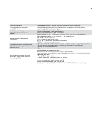 18
Plazos de reclamación 3 días hábiles contados a partir de la fecha de publicación de las calificaciones
¿Tengo derecho a ver el examen
corregido?
Tienes derecho a ver el examen una vez finalizado en su totalidad el proceso de revisión
establecido, y lo hayas solicitado en plazo.
¿Cuándo tengo que solicitar ver el
examen?
Convocatoria ordinaria: 27 y 28 de junio de 2018
Convocatoria extraordinaria: 26 de julio de 2018
La solicitud se presentará en las oficinas de Acceso o Vicerrectorados de Alava y Gipuzkoa
Nota de admisión a la enseñanza
universitaria
Nota de admisión (NAG)= 0,6*CB + 0,4*CFA + C1*M1 +C2*M2+C3*M3
CB = Calificación de Bachillerato
CFA = Calificación de la fase de acceso
M1, M2, M3 = Calificaciones de las materias superadas
C1, C2 y C3 = Coeficientes de ponderación
Estoy admitido en otra Universidad y me
piden el traslado de expediente, ¿cómo lo
tengo que hacer?
- Carta de admisión de la Universidad donde vayas a iniciar los estudios o resguardo de la matrícula
- En caso de tener derecho a reducción o exención de tasas justificante actualizado
- Pago de las correspondientes tasas
- DNI
Si no estoy matriculado en un centro
de bachiller ¿dónde puedo realizar la
matrícula de la EAU?
En cualquiera de las siguientes Oficinas:
Vicerrectorado de Alava: Comandante Izarduy, 2 – Vitoria-Gazteiz
Vicerrectorado de Gipuzkoa: Edificio Ignacio Maria Barriola –Elhuyar, 1 - Donostia-San Sebastián
Negociado de Acceso:
- Aulario I, Sarriena s/n - Leioa
- Larrako-etxea. Avda. Lehendakari Agirre, 81 - Bilbao
Convocatória ordinária: 28 y 29 de mayo de 2018
Convocatória extraordinária: 27 de junio de 2018
ó en la web en el caso de haberte presentado en convocatórias anteriores www.ehu.eus
Guía de acceso - Cast.indd 18 2/11/17 17:26
 