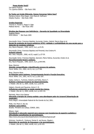 17
Posso Ajudar Você?
Iva Foleno Proença
T.A. Queiroz Editora - São Paulo 1981
Eu Tenho um Irmão Diferente, Vamos Conversar Sobre Isso?
Marilena Ardore, Mina Regen, Vera Maria B. Hoffmann
Edições Paulina - São Paulo 1988
Irmãos Especiais
Thomas H. Powell E. Peggy A. Ogle
Maltese Norma - São Paulo 1992
Direitos das Pessoas com Deficiência – Garantia de Igualdade na Diversidade
Eugênia Fávero
WVA Editora - São Paulo 2005
Assumpção Júnior, Francisco Baptista, Kuczynski, Evelyn, Gabriel, Marcia Rego et al.
Escala de avaliação de traços autísticos (ATA): validade e confiabilidade de uma escala para a
detecção de condutas artísticas.
Arq. Neuro-Psiquiatr., 1999, vol.57, no.1, p.23-29.
Assumpção Júnior, Francisco Baptista and Pimentel, Ana Cristina M.
Autismo infantil.
Rev. Bras. Psiquiatr., 2000, vol.22, suppl.2, p.37-39.
Assumpção Júnior, Francisco Baptista, Sprovieri, Maria Helena, Kuczynski, Evelyn et al.
Reconhecimento facial e autismo.
Arq. Neuro-Psiquiatr., 1999, vol.57, no.4, p.944-949.
Bosa, Cleonice
Atenção compartilhada e identificação precoce do autismo.
Psicol. Reflex. Crit., 2002, vol.15, no.1, p.77-88.
Bosa, Cleonice Alves
As Relações entre Autismo, Comportamento Social e Função Executiva.
Psicol. Reflex. Crit., 2001, vol.14, no.2, p.281-287.
Gadia, Carlos A., Tuchman, Roberto and Rotta, Newra T.
Autismo e doenças invasivas de desenvolvimento.
J. Pediatr. (Rio de J.), 2004, vol.80, no.2, p.83-94.
Halpern, Ricardo and Figueiras, Amira C. M.
Influências ambientais na saúde mental da criança.
J. Pediatr. (Rio de J.), 2004, vol.80, no.2, p.104-110.
Machado, Mara Lúcia Salazar
Educação e terapia da criança autista: uma abordagem pela via corporal [dissertação de
mestrado].
Porto Alegre: Universidade Federal do Rio Grande do Sul; 2001.
Mello, Ana Maria S. Ros de.
Autismo: guia prático.
Brasília: Ministério da Justiça, CORDE; 2001.
Nilsson, Inger
Introdução à educação especial para pessoas com transtornos do espectro autístico e
dificuldades semelhantes de aprendizagem.
http://www.ama.org.br/download/Autismo-IntrodEducEspecial.pdf
Schirmer, Carolina R., Fontoura, Denise R. and Nunes, Magda L.
Distúrbios da aquisição da linguagem e da aprendizagem.
J. Pediatr. (Rio de J.), 2004, vol.80, no.2, p.95-103.
 