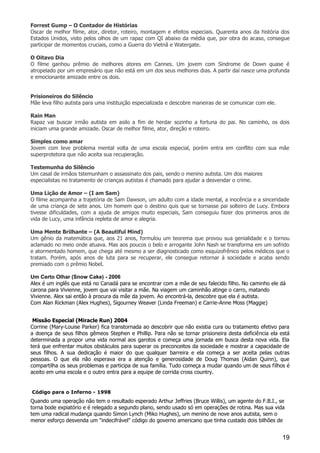 19
Forrest Gump – O Contador de Histórias
Oscar de melhor filme, ator, diretor, roteiro, montagem e efeitos especiais. Quarenta anos da história dos
Estados Unidos, visto pelos olhos de um rapaz com QI abaixo da média que, por obra do acaso, consegue
participar de momentos cruciais, como a Guerra do Vietnã e Watergate.
O Oitavo Dia
O filme ganhou prêmio de melhores atores em Cannes. Um jovem com Síndrome de Down quase é
atropelado por um empresário que não está em um dos seus melhores dias. A partir daí nasce uma profunda
e emocionante amizade entre os dois.
Prisioneiros do Silêncio
Mãe leva filho autista para uma instituição especializada e descobre maneiras de se comunicar com ele.
Rain Man
Rapaz vai buscar irmão autista em asilo a fim de herdar sozinho a fortuna do pai. No caminho, os dois
iniciam uma grande amizade. Oscar de melhor filme, ator, direção e roteiro.
Simples como amar
Jovem com leve problema mental volta de uma escola especial, porém entra em conflito com sua mãe
superprotetora que não aceita sua recuperação.
Testemunha do Silêncio
Um casal de irmãos tstemunham o assassinato dos pais, sendo o menino autista. Um dos maiores
especialistas no tratamento de crianças autistas é chamado para ajudar a desvendar o crime.
Uma Lição de Amor – (I am Sam)
O filme acompanha a trajetória de Sam Dawson, um adulto com a idade mental, a inocência e a sinceridade
de uma criança de sete anos. Um homem que o destino quis que se tornasse pai solteiro de Lucy. Embora
tivesse dificuldades, com a ajuda de amigos muito especiais, Sam conseguiu fazer dos primeiros anos de
vida de Lucy, uma infância repleta de amor e alegria.
Uma Mente Brilhante – (A Beautiful Mind)
Um gênio da matemática que, aos 21 anos, formulou um teorema que provou sua genialidade e o tornou
aclamado no meio onde atuava. Mas aos poucos o belo e arrogante John Nash se transforma em um sofrido
e atormentado homem, que chega até mesmo a ser diagnosticado como esquizofrênico pelos médicos que o
tratam. Porém, após anos de luta para se recuperar, ele consegue retornar à sociedade e acaba sendo
premiado com o prêmio Nobel.
Um Certo Olhar (Snow Cake) - 2006
Alex é um inglês que está no Canadá para se encontrar com a mãe de seu falecido filho. No caminho ele dá
carona para Vivienne, jovem que vai visitar a mãe. Na viagem um caminhão atinge o carro, matando
Vivienne. Alex sai então à procura da mãe da jovem. Ao encontrá-la, descobre que ela é autista.
Com Alan Rickman (Alex Hughes), Sigourney Weaver (Linda Freeman) e Carrie-Anne Moss (Maggie)
Missão Especial (Miracle Run) 2004
Corrine (Mary-Louise Parker) fica transtornada ao descobrir que não existia cura ou tratamento efetivo para
a doença de seus filhos gêmeos Stephen e Phillip. Para não se tornar prisioneira desta deficiência ela está
determinada a propor uma vida normal aos garotos e começa uma jornada em busca desta nova vida. Ela
terá que enfrentar muitos obstáculos para superar os preconceitos da sociedade e mostrar a capacidade de
seus filhos. A sua dedicação é maior do que qualquer barreira e ela começa a ser aceita pelas outras
pessoas. O que ela não esperava era a atenção e generosidade de Doug Thomas (Aidan Quinn), que
compartilha os seus problemas e participa de sua família. Tudo começa a mudar quando um de seus filhos é
aceito em uma escola e o outro entra para a equipe de corrida cross country.
Código para o Inferno - 1998
Quando uma operação não tem o resultado esperado Arthur Jeffries (Bruce Willis), um agente do F.B.I., se
torna bode expiatório e é relegado a segundo plano, sendo usado só em operações de rotina. Mas sua vida
tem uma radical mudança quando Simon Lynch (Miko Hughes), um menino de nove anos autista, sem o
menor esforço desvenda um "indecifrável" código do governo americano que tinha custado dois bilhões de
 