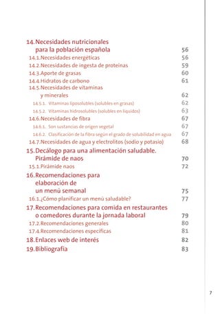7
14.Necesidades nutricionales
para la población española 56
14.1.Necesidades energéticas 56
14.2.Necesidades de ingesta de proteínas 59
14.3.Aporte de grasas 60
14.4.Hidratos de carbono 61
14.5.Necesidades de vitaminas
y minerales 62
14.5.1. Vitaminas liposolubles (solubles en grasas) 62
14.5.2. Vitaminas hidrosolubles (solubles en líquidos) 63
14.6.Necesidades de fibra 67
14.6.1. Son sustancias de origen vegetal 67
14.6.2. Clasificación de la fibra según el grado de solubilidad en agua 67
14.7.Necesidades de agua y electrolitos (sodio y potasio) 68
15.Decálogo para una alimentación saludable.
Pirámide de naos 70
15.1.Pirámide naos 72
16.Recomendaciones para
elaboración de
un menú semanal 75
16.1.¿Cómo planificar un menú saludable? 77
17.Recomendaciones para comida en restaurantes
o comedores durante la jornada laboral 79
17.2.Recomendaciones generales 80
17.4.Recomendaciones específicas 81
18.Enlaces web de interés 82
19.Bibliografía 83
 