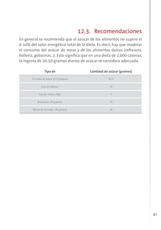 61
12.3. Recomendaciones
En general se recomienda que el azúcar de los alimentos no supere el
6-10% del valor energético total de la dieta. Es decir, hay que moderar
el consumo del azúcar de mesa y de los alimentos dulces (refrescos,
bollería, golosinas...). Esto significa que en una dieta de 2.000 calorías,
la ingesta de 30-50 gramos diarios de azúcar se considera adecuada.
Tipo de Cantidad de azúcar (gramos)
Un sobre de azúcar (8-10 gramos) 8-12
Lata de refresco 35
Lata de refresco light 0
Bombones (30 gramos) 20
Barrita de chocolate (40 gramos) 24
 