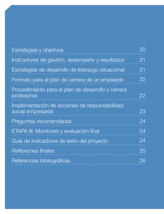 Implementación de acciones de responsabilidad
social empresarial 23
Formato para el plan de carrera de un empleado
Procedimiento para el plan de desarrollo y carrera
profesional
22
22
Estrategias y objetivos
Indicadores de gestión, desempeño y resultados
Estrategias de desarrollo de liderazgo situacional
20
21
21
Guía de indicadores de éxito del proyecto
Reflexiones finales
Referencias bibliográficas
24
25
26
Preguntas recomendadas 24
ETAPA III: Monitoreo y evaluación final 24
 