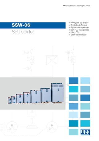SSW-06
Soft-starter
Motores | Energia | Automação | Tintas
g	 Proteções de tensão
g	Controle de Torque
g	 By-pass incorporado
g	 Soft PLC incorporado
g	 IHM LCD
g Start-up orientado
 