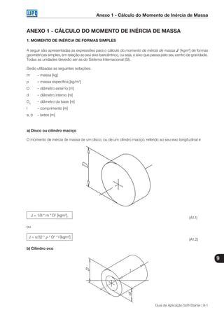 Anexo 1 - Cálculo do Momento de Inércia de Massa
9
Guia de Aplicação Soft-Starter | 9-1
ANEXO 1 - CÁLCULO DO MOMENTO DE INÉRCIA DE MASSA
1. MOMENTO DE INÉRCIA DE FORMAS SIMPLES
A seguir são apresentadas as expressões para o cálculo do momento de inércia de massa J [kgm2
] de formas
geométricas simples, em relação ao seu eixo baricêntrico, ou seja, o eixo que passa pelo seu centro de gravidade.
Todas as unidades deverão ser as do Sistema Internacional (SI).
Serão utilizadas as seguintes notações:
m	 – massa [kg]
ρ	 – massa específica [kg/m3
]
D	 – diâmetro externo [m]
d	 – diâmetro interno [m]
Db
	 – diâmetro da base [m]
l	 – comprimento [m]
a, b	 – lados [m]
a) Disco ou cilindro maciço
O momento de inércia de massa de um disco, ou de um cilindro maciço, referido ao seu eixo longitudinal é
J = 1/8 * m * D2
[kgm2
],
									 (A1.1)
ou
J = π/32 * ρ * D4
* l [kgm2
]
								 (A1.2)
b) Cilindro oco
 