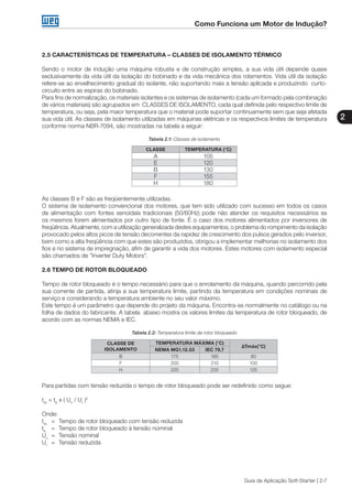 Como Funciona um Motor de Indução?
2
Guia de Aplicação Soft-Starter | 2-7
2.5 CARACTERÍSTICAS DE TEMPERATURA – CLASSES DE ISOLAMENTO TÉRMICO
Sendo o motor de indução uma máquina robusta e de construção simples, a sua vida útil depende quase
exclusivamente da vida útil da isolação do bobinado e da vida mecânica dos rolamentos. Vida útil da isolação
refere-se ao envelhecimento gradual do isolante, não suportando mais a tensão aplicada e produzindo curto-
circuito entre as espiras do bobinado.
Para fins de normalização, os materiais isolantes e os sistemas de isolamento (cada um formado pela combinação
de vários materiais) são agrupados em CLASSES DE ISOLAMENTO, cada qual definida pelo respectivo limite de
temperatura, ou seja, pela maior temperatura que o material pode suportar continuamente sem que seja afetada
sua vida útil. As classes de isolamento utilizadas em máquinas elétricas e os respectivos limites de temperatura
conforme norma NBR-7094, são mostradas na tabela a seguir:
Tabela 2.1: Classes de isolamento
CLASSE TEMPERATURA (°C)
A 105
E 120
B 130
F 155
H 180
As classes B e F são as freqüentemente utilizadas.
O sistema de isolamento convencional dos motores, que tem sido utilizado com sucesso em todos os casos
de alimentação com fontes senoidais tradicionais (50/60Hz) pode não atender os requisitos necessários se
os mesmos forem alimentados por outro tipo de fonte. É o caso dos motores alimentados por inversores de
freqüência. Atualmente, com a utilização generalizada destes equipamentos, o problema do rompimento da isolação
provocado pelos altos picos de tensão decorrentes da rapidez de crescimento dos pulsos gerados pelo inversor,
bem como a alta freqüência com que estes são produzidos, obrigou a implementar melhorias no isolamento dos
fios e no sistema de impregnação, afim de garantir a vida dos motores. Estes motores com isolamento especial
são chamados de ”Inverter Duty Motors”.
2.6 TEMPO DE ROTOR BLOQUEADO
Tempo de rotor bloqueado é o tempo necessário para que o enrolamento da máquina, quando percorrido pela
sua corrente de partida, atinja a sua temperatura limite, partindo da temperatura em condições nominais de
serviço e considerando a temperatura ambiente no seu valor máximo.
Este tempo é um parâmetro que depende do projeto da máquina. Encontra-se normalmente no catálogo ou na
folha de dados do fabricante. A tabela abaixo mostra os valores limites da temperatura de rotor bloqueado, de
acordo com as normas NEMA e IEC.
Tabela 2.2: Temperatura limite de rotor bloqueado
CLASSE DE
ISOLAMENTO
TEMPERATURA MÁXIMA (°C)
∆Tmáx(°C)
NEMA MG1.12.53 IEC 79.7
B 175 185 80
F 200 210 100
H 225 235 125
Para partidas com tensão reduzida o tempo de rotor bloqueado pode ser redefinido como segue:
trb
= tb
x ( Un
/ Ur
)2
Onde:
trb
	 =	 Tempo de rotor bloqueado com tensão reduzida
tb
	 =	 Tempo de rotor bloqueado à tensão nominal
Un
	 =	 Tensão nominal
Ur
	 =	 Tensão reduzida
 