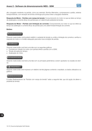 Anexo 2 - Software de dimensionamento WEG - SDW
10
10-12 | Guia de Aplicação Soft-Starter
alto conjugado resistente na partida, como por exemplo: Bomba Alternativa, compressores a pistão, esteiras
transportadoras, com exceção da bomba centrífuga pois possui baixo conjugado resistente.
Resposta do Motor - Partida com rampa de tensão: Comportamento do motor no que se refere ao tempo
de aceleração e corrente eficaz de partida para um determinado pedestal de tensão.
Resposta do Motor - Partida com limitação de corrente: Comportamento do motor no que se refere ao
tempo de aceleração e corrente eficaz de partida para uma determinada limitação de corrente.
Botões:
Clicando neste botão você poderá redefinir o pedestal de tensão ou então a limitação de corrente e verificar a
resposta do motor e o modelo adequado para esta nova condição de partida.
Clicando neste botão você terá uma tela com os seguintes gráficos:
„„ Corrente por rotação do motor com partida direta e partida com a SSW;
„„ Tensão de saída por tempo;
„„ Aceleração do motor.
Clicando neste botão você terá uma tela com os principais parâmetros a serem ajustados na ocasião do start-
up.
Clicando neste botão será impresso um relatório de três páginas contendo o resultado, os dados utilizados e os
gráficos.
O botão Redimensionar da “Partida com rampa de tensão” exibe a seguinte tela, que dá opção de alterar o
pedestal de tensão:
 