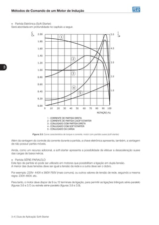Métodos de Comando de um Motor de Indução
3
3-4 | Guia de Aplicação Soft-Starter
„„ Partida Eletrônica (Soft-Starter)
Será abordada em profundidade no capítulo a seguir.
Figura 3.5: Curva característica de torque e corrente, motor com partida suave (soft-starter)
Além da vantagem do controle da corrente durante a partida, a chave eletrônica apresenta, também, a vantagem
de não possuir partes móveis.
Ainda, como um recurso adicional, a soft-starter apresenta a possibilidade de efetuar a desaceleração suave
das cargas de baixa inércia.
„„ Partida SÉRIE-PARALELO
Este tipo de partida só pode ser utilizado em motores que possibilitam a ligação em dupla tensão.
A menor das duas tensões deve ser igual a tensão da rede e a outra deve ser o dobro.
Por exemplo: 220V- 440V e 380V-760V (mais comuns), ou outros valores de tensão de rede, seguindo a mesma
regra: 230V-460V, etc.
Para tanto, o motor deve dispor de 9 ou 12 terminais de ligação, para permitir as ligações triângulo série-paralelo
(figuras 3.6 e 3.7) ou estrela série-paralelo (figuras 3.8 e 3.9).
 