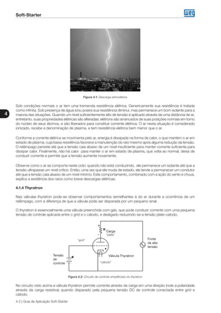 Soft-Starter
4
4-2 | Guia de Aplicação Soft-Starter
Figura 4.1: Descarga atmosférica
Sob condições normais o ar tem uma tremenda resistência elétrica. Genericamente sua resistência é tratada
como infinita. Sob presença de água e/ou poeira sua resistência diminui, mas permanece um bom isolante para a
maioria das situações. Quando um nível suficientemente alto de tensão é aplicado através de uma distância de ar,
entretanto, suas propriedades elétricas são alteradas: elétrons são arrancados de suas posições normais em torno
do núcleo de seus átomos, e são liberados para constituir corrente elétrica. O ar nesta situação é considerado
ionizado, recebe a denominação de plasma, e tem resistência elétrica bem menor que o ar.
Conforme a corrente elétrica se movimenta pelo ar, energia é dissipada na forma de calor, o que mantém o ar em
estado de plasma, cuja baixa resistência favorece a manutenção do raio mesmo após alguma redução da tensão.
O relâmpago persiste até que a tensão caia abaixo de um nível insuficiente para manter corrente suficiente para
dissipar calor. Finalmente, não há calor para manter o ar em estado de plasma, que volta ao normal, deixa de
conduzir corrente e permite que a tensão aumente novamente.
Observe como o ar se comporta neste ciclo: quando não está conduzindo, ele permanece um isolante até que a
tensão ultrapasse um nível crítico. Então, uma vez que ele muda de estado, ele tende a permanecer um condutor
até que a tensão caia abaixo de um nível mínimo. Este comportamento, combinado com a ação do vento e chuva,
explica a existência dos raios como breve descargas elétricas.
4.1.4 Thyratron
Nas válvulas thyratron pode-se observar comportamentos semelhantes à do ar durante a ocorrência de um
relâmpago, com a diferença de que a válvula pode ser disparada por um pequeno sinal.
O thyratron é essencialmente uma válvula preenchida com gás, que pode conduzir corrente com uma pequena
tensão de controle aplicada entre o grid e o cátodo, e desligado reduzindo-se a tensão plate-catodo.
“grid”
“plate”
“cátodo”
Figura 4.2: Circuito de controle simplificado do thyratron
No circuito visto acima a válvula thyratron permite corrente através da carga em uma direção (note a polaridade
através da carga resistiva) quando disparado pela pequena tensão DC de controle conectada entre grid e
cátodo.
 