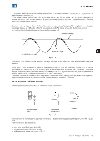 Soft-Starter
4
Guia de Aplicação Soft-Starter | 4-3
O “pontinho” dentro do circulo do símbolo esquemático indica preenchimento com gás, em oposição ao vácuo
verificado em outras válvulas.
Observe que a fonte de alimentação da carga é alternada, o que dá uma dica de como o thyratron desliga após
ter sido disparado: uma vez que a tensão AC periodicamente passa por zero volt a cada meio ciclo, a corrente
será interrompida periodicamente.
Esta breve interrupção permite à válvula resfriar e retornar a seu estado “desligado”. Condução de corrente pode
prosseguir apenas se há tensão suficiente aplicada pela fonte AC e se a tensão DC de controle permitir.
Um osciloscópio indicaria a tensão na carga conforme figura 4.3:
Figura 4.3
Enquanto a fonte de tensão sobe, a tensão na carga permanece zero, até que o valor de threshold voltage seja
atingido.
Neste ponto a válvula começa a conduzir, seguindo a tensão da fonte até a próxima fase do ciclo. A válvula
permanece em seu estado “ligado”, mesmo após a tensão reduzir-se abaixo do valor de disparo (threshold
voltage). Como os thyratron são one-way, não há condução no ciclo negativo. Em circuitos práticos, poder-se-ia
arranjar vários thyratron para formar um retificador de onda completa.
Thyratrons tornaram-se obsoletos com o surgimento dos tiristores, exceto para algumas aplicações muito especiais,
devido a possibilidade de thyratrons lidar com valores altíssimos de tensão e corrente.
4.1.5 SCR (Silicon Controlled Rectifier)
Partiremos da representação do SCR para iniciar nossa explanação:
Figura 4.4
Representado da maneira acima o SCR assemelha-se a dois transistores bipolares interligados, um PNP e outro
NPN.
Há três maneiras de “dispará-lo”:
„„ com uma variação brusca de tensão
„„ ultrapassando-se um limite de tensão
„„ aplicando-se a tensão entre gate e cátodo.
 