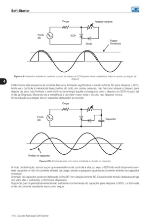 Soft-Starter
4
4-6 | Guia de Aplicação Soft-Starter
Figura 4.9: Variando a resistência, variamos o ponto de disparo do SCR (quanto maior a resistência maior é o ponto, ou ângulo, de
disparo)
Infelizmente este esquema de controle tem uma limitação significativa. Usando a fonte AC para disparar o SCR,
limita-se o controle à metade da fase positiva do ciclo, em outras palavras, não há como atrasar o disparo para
depois do pico. Isto limitaria o nível mínimo de energia àquele conseguido com o disparo do SCR no pico da
onda (a 90 graus). Elevando-se a resistência a um valor maior, faria o circuito não disparar nunca.
Uma solução é a adição de um capacitor defasador ao circuito:
Figura 4.10: A forma de onda com menor amplitude é a tensão no capacitor.
A título de ilustração, vamos supor que a resistência de controle é alta, ou seja, o SCR não está disparando sem
este capacitor e não há corrente através da carga, exceto a pequena quantia de corrente através do capacitor
e resistor.
A tensão do capacitor pode ser defasada de 0 a 90 º em relação à fonte AC. Quando esta tensão defasada atingir
um valor alto o suficiente, o SCR será disparado.
Supondo que há periodicamente tensão suficiente nos terminais do capacitor para disparar o SCR, o a forma de
onda de corrente resultante será como segue:
 