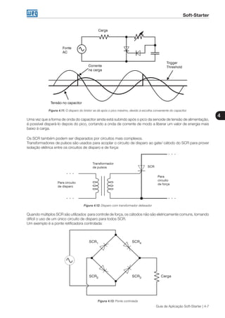 Soft-Starter
4
Guia de Aplicação Soft-Starter | 4-7
Figura 4.11: O disparo do tiristor se dá após o pico máximo, devido à escolha conveniente do capacitor.
Uma vez que a forma de onda do capacitor ainda está subindo após o pico da senoide de tensão de alimentação,
é possível dispará-lo depois do pico, cortando a onda de corrente de modo a liberar um valor de energia mais
baixo à carga.
Os SCR também podem ser disparados por circuitos mais complexos.
Transformadores de pulsos são usados para acoplar o circuito de disparo ao gate/ cátodo do SCR para prover
isolação elétrica entre os circuitos de disparo e de força:
Figura 4.12: Disparo com transformador defasador
Quando múltiplos SCR são utilizados para controle de força, os cátodos não são eletricamente comuns, tornando
difícil o uso de um único circuito de disparo para todos SCR.
Um exemplo é a ponte retificadora controlada:
Figura 4.13: Ponte controlada
 