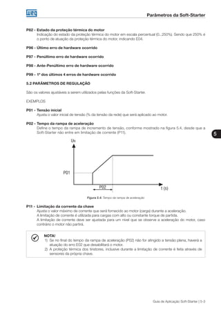 Parâmetros da Soft-Starter
5
Guia de Aplicação Soft-Starter | 5-3
P82 -	Estado da proteção térmica do motor
	 Indicação do estado da proteção térmica do motor em escala percentual (0...250%). Sendo que 250% é
o ponto de atuação da proteção térmica do motor, indicando E04.
P96 -	Último erro de hardware ocorrido
P97 - 	Penúltimo erro de hardware ocorrido
P98 - 	Ante-Penúltimo erro de hardware ocorrido
P99 - 	1º dos últimos 4 erros de hardware ocorrido
5.2 PARÂMETROS DE REGULAÇÃO
São os valores ajustáveis a serem utilizados pelas funções da Soft-Starter.
EXEMPLOS
P01 -	Tensão inicial
	 Ajusta o valor inicial de tensão (% da tensão da rede) que será aplicado ao motor.
P02 -	Tempo da rampa de aceleração
	 Define o tempo da rampa de incremento de tensão, conforme mostrado na figura 5.4, desde que a
Soft-Starter não entre em limitação de corrente (P11).
Figura 5.4: Tempo da rampa de aceleração
P11 -	 Limitação da corrente da chave
	 Ajusta o valor máximo de corrente que será fornecido ao motor (carga) durante a aceleração.
	 A limitação de corrente é utilizada para cargas com alto ou constante torque de partida.
	 A limitação de corrente deve ser ajustada para um nível que se observe a aceleração do motor, caso
contrário o motor não partirá.
NOTA!
1)	 Se no final do tempo da rampa de aceleração (P02) não for atingido a tensão plena, haverá a
atuação do erro E02 que desabilitará o motor.
2)	 A proteção térmica dos tiristores, inclusive durante a limitação de corrente é feita através de
sensores da própria chave.
 