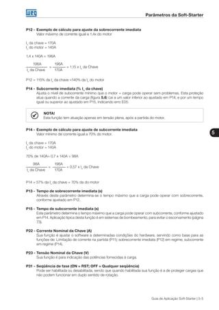 Parâmetros da Soft-Starter
5
Guia de Aplicação Soft-Starter | 5-5
P12 -	Exemplo de cálculo para ajuste da sobrecorrente imediata
	 Valor máximo de corrente igual a 1,4x do motor
In
da chave = 170A
In
do motor = 140A
1,4 x 140A = 196A
196A	 196A
	 =		 = 1,15 x In
da Chave
In
da Chave	 170A
P12 = 115% da In
da chave =140% da In
do motor
P14 -	Subcorrente imediata (% IN
da chave)
	 Ajusta o nível de subcorrente mínimo que o motor + carga pode operar sem problemas. Esta proteção
atua quando a corrente da carga (figura 5.6) cai a um valor inferior ao ajustado em P14; e por um tempo
igual ou superior ao ajustado em P15, indicando erro E05.
NOTA!
Esta função tem atuação apenas em tensão plena, após a partida do motor.
P14 -	Exemplo de cálculo para ajuste de subcorrente imediata
	 Valor mínimo de corrente igual a 70% do motor.
In
da chave = 170A
In
do motor = 140A
70% de 140A= 0,7 x 140A = 98A
98A		 196A
	 =		 = 0,57 x In
da Chave
In
da Chave	 170A
P14 = 57% da In
da chave = 70% da do motor
P13 -	Tempo de sobrecorrente imediata (s)
	 Através deste parâmetro determina-se o tempo máximo que a carga pode operar com sobrecorrente,
conforme ajustado em P12.
P15 -	Tempo de subcorrente imediata (s)
	 Este parâmetro determina o tempo máximo que a carga pode operar com subcorrente, conforme ajustado
em P14. Aplicação típica desta função é em sistemas de bombeamento, para evitar o escorvamento (página
73).
P22 -	Corrente Nominal da Chave (A)
	 Sua função é ajustar o software a determinadas condições do hardware, servindo como base para as
funções de: Limitação de corrente na partida (P11); sobrecorrente imediata (P12) em regime; subcorrente
em regime (P14).
P23 -	Tensão Nominal da Chave (V)
	 Sua função é para indicação das potências fornecidas à carga.
P31 -	Seqüência de fase (ON = RST; OFF = Qualquer seqüência)
	 Pode ser habilitada ou desabilitada, sendo que quando habilitada sua função é a de proteger cargas que
não podem funcionar em duplo sentido de rotação.
 