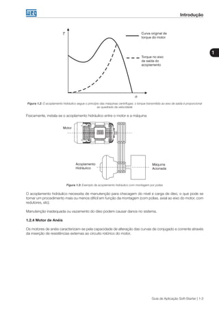Guia de Aplicação Soft-Starter | 1-3
Introdução
1
Figura 1.2: O acoplamento hidráulico segue o princípio das máquinas centrífugas: o torque transmitido ao eixo de saída é proporcional
ao quadrado da velocidade
Fisicamente, instala-se o acoplamento hidráulico entre o motor e a máquina
Figura 1.3: Exemplo de acoplamento hidráulico com montagem por polias
O acoplamento hidráulico necessita de manutenção para checagem do nível e carga de óleo, o que pode se
tornar um procedimento mais ou menos difícil em função da montagem (com polias, axial ao eixo do motor, com
redutores, etc).
Manutenção inadequada ou vazamento do óleo podem causar danos no sistema.
1.2.4 Motor de Anéis
Os motores de anéis caracterizam-se pela capacidade de alteração das curvas de conjugado e corrente através
da inserção de resistências externas ao circuito rotórico do motor.
 