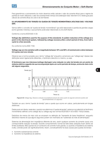 Dimensionamento do Conjunto Motor + Soft-Starter
6
Guia de Aplicação Soft-Starter | 6-19
Para garantirmos o acionamento do motor devemos então calcular o valor de corrente eficaz para o regime de
partida do motor utilizando o valor de corrente limite e tempo de aceleração total. Vide item 6.4.3 deste guia para
cálculo da corrente eficaz do ciclo e da Sof-Starter.
6.5 AFUNDAMENTO DE TENSÃO OU QUEDA DE TENSÃO MOMENTÂNEA (VOLTAGE SAG / VOLTAGE
DIP)
Vamos definir o conceito de “queda de tensão momentânea” que está relacionado à partida de grandes cargas
(como grandes motores), e que portanto pode estar relacionado à uma Soft-Starter.
Conforme a norma IEC61000-4-30:
Voltage dip: (definition used for the pupose of this standard). A sudden reduction of the voltage at a
point in the electriacal system, followed by voltage recovery after a short period of time, from half a
cycle to a few seconds.
Ou conforme norma IEEE 1159:
Voltage sag: an rms variation with a magnitude between 10% and 90% of nominal and a ration between
0.5 cycles and one minute.
Observe que a norma européia usa o termo “voltage dip” enquanto a americana usa “voltage sag”. Apesar das
definições serem ligeiramente diferentes, o fenômeno descrito é o mesmo, ou seja:
O fenômeno que nos interessa (voltage dip/sag) é uma redução no valor de tensão em um ponto do
sistema elétrico seguido de sua recomposição após um curto período de tempo, acima de meio ciclo
até alguns segundos.
Figura 6.12: Voltage Sag. Observe a redução da amplitude da forma de onda a partir do segundo semiciclo positivo até
aproximadamente 0,15 segundos
Também se usa o termo “queda de tensão” para a queda que ocorre em cabos, particularmente em longas
distâncias.
Deste ponto em diante, neste item, quando nos referirmos à “queda de tensão”, estamos nos referindo ao fenômeno
momentâneo definido como voltage dip ou voltage sag nas normas IEC61000-4-30 e IEEE 1159 já citadas.
Distúrbios de menos de meio ciclo se encaixam na definição de “transiente de baixa freqüência”, enquanto
distúrbios maiores do que alguns segundos podem ser chamados de “subtensão da rede de alimentação”.
Sistemas de alimentação tem impedância diferente de zero, assim qualquer aumento da corrente causa uma
correspondente redução na tensão. Durante comportamento normal da rede estas variações ficam dentro de
limites aceitáveis. Mas quando há um acréscimo de corrente muito grande, ou quando a impedância do sistema
é alta, a tensão pode cair significativamente. Assim, conceitualmente há duas causas para quedas de tensão:
„„ Aumento substancial da corrente
„„ Aumento na impedância do sistema
 