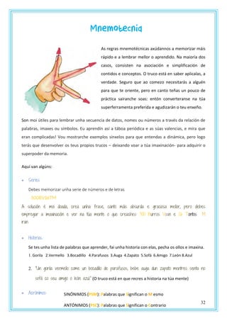32
Mnemotecnia
As regras mnemotécnicas axúdannos a memorizar máis
rápido e a lembrar mellor o aprendido. Na maioría dos
casos, consisten na asociación e simplificación de
contidos e conceptos. O truco está en saber aplicalas, a
verdade. Seguro que ao comezo necesitarás a alguén
para que te oriente, pero en canto teñas un pouco de
práctica sairanche soas: entón converteranse na túa
superferramenta preferida e agudizarán o teu enxeño.
Son moi útiles para lembrar unha secuencia de datos, nomes ou números a través da relación de
palabras, imaxes ou símbolos. Eu aprendín así a táboa periódica e as súas valencias, e mira que
eran complicadas! Vou mostrarche exemplos sinxelos para que entendas a dinámica, pero logo
terás que desenvolver os teus propios trucos – deixando voar a túa imaxinación- para adquirir o
superpoder da memoria.
Aquí van algúns:
 Series
Debes memorizar unha serie de números e de letras
300BV26TM
A solución é moi doada, crea unha frase, canto máis absurda e graciosa mellor, pero debes
empregar a imaxinación e ver na túa mente o que creaches: 300 Burros Voan e 26 Tontos M
iran
 Historias.:
Se tes unha lista de palabras que aprender, fai unha historia con elas, pecha os ollos e imaxina.
1. Gorila 2.Vermello 3.Bocadillo 4.Parafusos 3.Auga 4.Zapato 5.Sofá 6.Amigo 7.León 8.Azul
2. “Un gorila vermello come un bocadillo de parafusos, bebe auga dun zapato mentres senta no
sofá co seu amigo o león azul.” (O truco está en que recres a historia na túa mente)
 Acrónimos: SINÓNIMOS (PSM): Palabras que Significan o M esmo
ANTÓNIMOS (PSC): Palabras que Significan o Contrario
 
