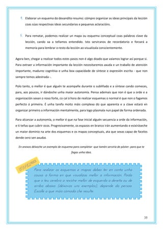 35
4. Elaborar un esquema do devandito resumo: cómpre organizar as ideas principais da lección
coas súas respectivas ideas secundarias e pequenas aclaracións.
5. Para rematar, podemos realizar un mapa ou esquema conceptual coas palabras clave da
lección, cando xa a teñamos entendido. Isto serviranos de recordatorio e forzará a
memoria para lembrar o resto da lección ao visualizala conscientemente.
Agora ben, chegar a realizar todos estes pasos non é algo doado que vaiamos lograr así porque si.
Para extraer a información importante da lección necesitaremos axuda e un traballo de atención
importante, madurez cognitiva e unha boa capacidade de síntese e expresión escrita - que non
sempre temos adestrada -.
Polo tanto, o mellor é que alguén te acompañe durante o subliñado e a síntese cando comeces,
para, aos poucos, ir dándoche unha maior autonomía. Pensa ademais que non é que a orde e a
organización sexan o noso forte, co cal á hora de realizar esquemas o normal é que non o fagamos
perfecto á primeira. É unha tarefa moito máis complexa do que aparenta e a clave estará en
organizar primeiro a información mentalmente, para logo plasmala nun papel de forma ordenada.
Para alcanzar a autonomía, o mellor é que na fase inicial alguén secuencia a orde da información,
e ti teñas que cubrir ocos. Progresivamente, os espazos en branco irán aumentando e esixiráseche
un maior dominio na arte dos esquemas e os mapas conceptuais, ata que sexas capaz de facelos
dende cero sen axudas
En anexos déixoche un exemplo de esquema para completar -que tamén serviría de póster- para que te
fagas unha idea.
Para realizar os esquemas e mapas debes ter en conta unha
cousa: a forma en que visualizas mellor a información. Poida
que o teu cerebro a rexístre mellor de esquerda a dereita ou de
arriba abaixo (déixovos uns exemplos), depende da persoa.
Escolle a que máis cómoda che resulte.
 
