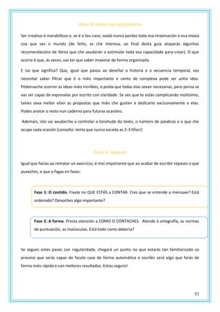 53
Paso 4: tenta non despistarte
Ser creativo é marabilloso e, se é o teu caso, oxalá nunca perdas toda esa imaxinación e esa maxia
coa que ves o mundo (de feito, se che interesa, ao final desta guía atoparás algunhas
recomendacións de libros que che axudarán a estimular toda esa capacidade para crear). O que
ocorre é que, ás veces, vas ter que saber imaxinar de forma organizada.
E iso que significa? Que, igual que pasou ao deseñar a historia e a secuencia temporal, vas
necesitar saber filtrar que é o máis importante e canto de complexa pode ser unha idea.
Pódenseche ocorrer as ideas máis incribles, e poida que todas elas sexan necesarias, pero pensa se
vas ser capaz de expresalas por escrito con claridade. Se ves que te estás complicando moitísimo,
talvez sexa mellor elixir as propostas que máis che gusten e dedicarte exclusivamente a elas.
Podes anotar o resto nun caderno para futuras ocasións.
Ademais, isto vai axudarche a controlar a lonxitude do texto, o número de palabras e o que che
ocupe cada oración (consello: tenta que nunca exceda as 2-3 liñas!)
Paso 5: repasa!
Igual que facías ao rematar un exercicio, é moi importante que ao acabar de escribir repases o que
puxeches, e que o fagas en fases:
Fase 1: O contido. Fíxate no QUE ESTÁS a CONTAR. Cres que se entende a mensaxe? Está
ordenado? Deixaches algo importante?
Fase 2: A forma. Presta atención a COMO O CONTACHES. Atende á ortografía, as normas
de puntuación, as maiúsculas. Está todo como debería?
Se segues estes pasos con regularidade, chegará un punto no que estarás tan familiarizado co
proceso que serás capaz de facelo case de forma automática e escribir será algo que farás de
forma máis rápida e con mellores resultados. Estou seguro!
 