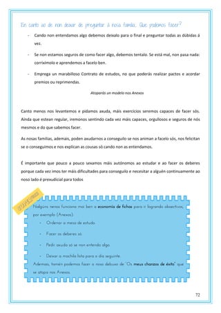 72
En canto ao de non deixar de preguntar á nosa familia… Que podemos facer?
- Cando non entendamos algo debemos deixalo para o final e preguntar todas as dúbidas á
vez.
- Se non estamos seguros de como facer algo, debemos tentalo. Se está mal, non pasa nada:
corrixímolo e aprendemos a facelo ben.
- Emprega un marabilloso Contrato de estudos, no que poderás realizar pactos e acordar
premios ou reprimendas.
Atoparás un modelo nos Anexos
Canto menos nos levantemos e pidamos axuda, máis exercicios seremos capaces de facer sós.
Aínda que estean regular, iremonos sentindo cada vez máis capaces, orgullosos e seguros de nós
mesmos e do que sabemos facer.
As nosas familias, ademais, poden axudarnos a conseguilo se nos animan a facelo sós, nos felicitan
se o conseguimos e nos explican as cousas só cando non as entendamos.
É importante que pouco a pouco sexamos máis autónomos ao estudar e ao facer os deberes
porque cada vez imos ter máis dificultades para conseguilo e necesitar a alguén continuamente ao
noso lado é prexudicial para todos
Nalgúns nenos funciona moi ben a economía de fichas para ir logrando obxectivos,
por exemplo (Anexos):
- Ordenar a mesa de estudo.
- Facer os deberes só.
- Pedir axuda só se non entendo algo.
- Deixar a mochila lista para o día seguinte.
Adtmans, tamwn uzdtmzs fapts z nzsz dtbrxz dt “Os mtrs poanyzs dt wxntz” que
se atopa nos Anexos.
 