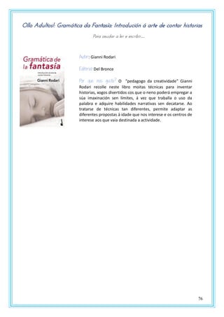 76
Ollo Adultos!: Gramática da Fantasía: Introdución á arte de contar historias
Para axudar a ler e escribir…
Autor: Gianni Rodari
Editorial: Del Bronce
Por que nos gusta? O “pedagogo da creatividade” Gianni
Rodari recolle neste libro moitas técnicas para inventar
historias, xogos divertidos cos que o neno poderá empregar a
súa imaxinación sen límites, á vez que traballa o uso da
palabra e adquire habilidades narrativas sen decatarse. Ao
tratarse de técnicas tan diferentes, permite adaptar as
diferentes propostas á idade que nos interese e os centros de
interese aos que vaia destinada a actividade.
 