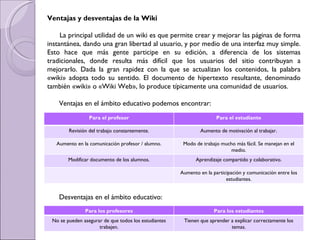 Ventajas y desventajas de la Wiki   La principal utilidad de un wiki es que permite crear y mejorar las páginas de forma instantánea, dando una gran libertad al usuario, y por medio de una interfaz muy simple. Esto hace que más gente participe en su edición, a diferencia de los sistemas tradicionales, donde resulta más difícil que los usuarios del sitio contribuyan a mejorarlo. Dada la gran rapidez con la que se actualizan los contenidos, la palabra «wiki» adopta todo su sentido. El documento de hipertexto resultante, denominado también «wiki» o «Wiki Web», lo produce típicamente una comunidad de usuarios.  Ventajas en el ámbito educativo podemos encontrar: Desventajas en el ámbito educativo: Para el profesor Para el estudiante Revisión del trabajo constantemente. Aumento de motivación al trabajar. Aumento en la comunicación profesor / alumno. Modo de trabajo mucho más fácil. Se manejan en el medio. Modificar documento de los alumnos. Aprendizaje compartido y colaborativo. Aumento en la participación y comunicación entre los estudiantes. Para los profesores Para los estudiantes No se pueden asegurar de que todos los estudiantes trabajen. Tienen que aprender a explicar correctamente los temas. 