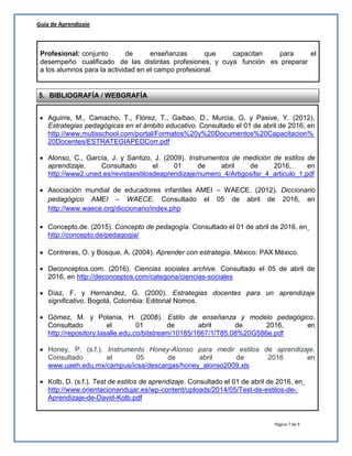 Página 7 de 9
desempeño cualificado de las distintas profesiones, y cuya función es preparar
a los alumnos para la actividad en el campo profesional.
elparacapacitanqueenseñanzasdeProfesional: conjunto
Guía de Aprendizaje
5. BIBLIOGRAFÍA / WEBGRAFÍA
 Aguirre, M., Camacho, T., Flórez, T., Gaibao, D., Murcia, G. y Pasive, Y. (2012).
Estrategias pedagógicas en el ámbito educativo. Consultado el 01 de abril de 2016, en
http://www.mutisschool.com/portal/Formatos%20y%20Documentos%20Capacitacion%
20Docentes/ESTRATEGIAPEDCorr.pdf
 Alonso, C., García, J. y Santizo, J. (2009). Instrumentos de medición de estilos de
aprendizaje. Consultado el 01 de abril de 2016, en
http://www2.uned.es/revistaestilosdeaprendizaje/numero_4/Artigos/lsr_4_articulo_1.pdf
 Asociación mundial de educadores infantiles AMEI – WAECE. (2012). Diccionario
pedagógico AMEI – WAECE. Consultado el 05 de abril de 2016, en
http://www.waece.org/diccionario/index.php
 Concepto.de. (2015). Concepto de pedagogía. Consultado el 01 de abril de 2016, en
http://concepto.de/pedagogia/
 Contreras, O. y Bosque, A. (2004). Aprender con estrategia. México: PAX México.
 Deconceptos.com. (2016). Ciencias sociales archive. Consultado el 05 de abril de
2016, en http://deconceptos.com/categoria/ciencias-sociales
 Díaz, F. y Hernández, G. (2000). Estrategias docentes para un aprendizaje
significativo. Bogotá, Colombia: Editorial Nomos.
 Gómez, M. y Polania, H. (2008). Estilo de enseñanza y modelo pedagógico.
Consultado el 01 de abril de 2016, en
http://repository.lasalle.edu.co/bitstream/10185/1667/1/T85.08%20G586e.pdf
 Honey, P. (s.f.). Instrumento Honey-Alonso para medir estilos de aprendizaje.
Consultado el 05 de abril de 2016 en
www.uaeh.edu.mx/campus/icsa/descargas/honey_alonso2009.xls
 Kolb, D. (s.f.). Test de estilos de aprendizaje. Consultado el 01 de abril de 2016, en
http://www.orientacionandujar.es/wp-content/uploads/2014/05/Test-de-estilos-de-
Aprendizaje-de-David-Kolb.pdf
 