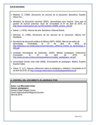 Página 8 de 9
6. CONTROL DEL DOCUMENTO (ELABORADA POR)
Guía de Aprendizaje
 Mialaret, G. (1984). Diccionario de ciencias de la educación. Barcelona, España:
Oikos-Tau.
 Ministerio de Educación nacional. (2007). Aprendizajes para mejorar. Guía para la
gestión de buenas prácticas. Guía 28. Consultado el 01 de abril de 2016, en
http://www.mineducacion.gov.co/1621/articles-124660_archivo_pdf.pdf
 Salvat. J. (1976). Historia del arte. Barcelona: Editorial Salvat.
 Sánchez, S. (1996). Diccionario de las ciencias de la educación. México D.F:
Santillana.
 Secretaría de educación pública de México (SEP). (2004). Manual de estilos de
aprendizaje. Consultado el 01 de abril de 2016, en
http://biblioteca.ucv.cl/site/colecciones/manuales_u/Manual_Estilos_de_Aprendizaje_2
004.pdf
 Unidades tecnológicas de Santander. (2005). Modelo pedagógico institucional.
Consultado el 01 de abril de 2016, en
http://www.uts.edu.co/documentos/academico/modelo_pedagogico_uts.pdf
 Universidad Camilo José Cela (2002). Enciclopedia de pedagogía. Madrid, España:
Espasa Calpe.
 Vasco, C. (s.f.). Algunas reflexiones sobre la pedagogía y didáctica. Consultado el 01
de abril de 2016, en http://ineduga.webcindario.com/pedagogiadidactica.pdf
Autor: Luz Mercedes Uribe
Asesor pedagógico
Andrés Felipe Vargas Correa
Centro Agroindustrial Regional Quindío
Abril de 2016.
 
