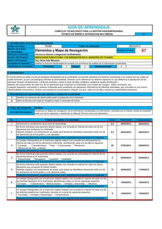 GUÍA DE APRENDIZAJE
                                                        COMPLEJO TECNOLÓGICO PARA LA GESTIÓN AGROEMPRESARIAL
                                                            TECNICO EN DISEÑO E INTEGRACION MULTIMEDIA                                               V1



1. Identificación de la Guía de Aprendizaje
Código de la guía:                          TS 002                                    Fecha de utilización:                            26/03/2012
Nombre de la Guía
de Aprendizaje:                 Elementos y Mapa de Navegación                                                           Duración en horas
                                                                                                                                                    67
Estructura Curricular           Técnico en Diseño e Integración de Multimedia
Nombre del Proyecto             INNOVACIÓN PUBLICITARIA Y DE MÁRQUETIN EN EL MUNICIPIO DE ITUANGO.
Gestor del Proyecto             Teg. Oscar Iván Meneses
Competencia asociada 1          Diseñar la Solución Multimedial de acuerdo con el informe de análisis de la información recolectada.
 Modalidad de Formación:                 Presencial              X      Virtual:      X         Desescolarizada               X


2. Introducción
El conocimiento de cada una de las tipologías (finalidades) de la multimedia nos permite identificar los factores importantes y los medios por los cuales se
puede transmitir, ya que Las tipologías estudian la personalidad, tomando como referencia los distintos aspectos en que diferencia la percepción de las
personas. Buscan características o atributos similares y sobre la base de ellas, establece categorías parala clasificación
Además del conocimiento de cada uno de los elementos que componen la multimedia como puede ser Imagen, Video, Animación, ect...
Cualquier aplicación, documento o sistema multimedia está constituido por elementos informativos de diferente naturaleza, que coinciden en una misma
intencionalidad comunicativa; recrear una experiencia de percepción integral, a la que, cada uno de ellos, aporta sus capacidades expresivas.

3. Resultado(s) del aprendizaje que alcanza a través de la actividad
   1      Identificar los elementos del diseño gráfico para la composición de la multimedia.
   2      Definir la estructura del mapa de navegación según la necesidad del cliente.


4. Fase del proyecto            Análisis
                                Construye un Mapa de navegación, de la información recolectada y la información solicitado por el cliente, donde se muestren
  Actividad del proyecto
                                cada uno de los aspectos y diseñando su Manual Técnico como sus elementos.


  No.                                       Tareas asociadas a la actividad                                      Horas      Fecha inicio      Fecha termina
    1     Introducción y socialización de la Guía de Aprendizaje                                                  0,5        26/03/2012          26/03/2012
          De forma individual cada aprendiz deberá realizar una consulta en internet de cada uno de los
          elementos que componen la multimedia
    2     Deberán preparar una presentación en power point donde se identifique claramente cada uno de            4,5        26/03/2012          26/03/2012
          los elementos de forma grafico y con ejemplos.
          Presentar primeramente, presentacionde power point, seguidamente presentacion en Captivate
          Un parejas (Designados por el Instructor) deberá realizar una consulta de profundización en
          internet de cada uno de los elementos multimedia, identificando cada uno de ellos lo siguiente:
    3     * Concepto      * Características * Tipos * Componentes * Resolución                                     20        27/03/2012          02/04/2012
          * Diferencias de Tipo , y demás…
          Presentar primeramente, presentacionde power point, seguidamente presentacion en Captivate
          De forma individual cada aprendiz deberá realizar una consulta ha profundidad en internet de los
          siguientes temas en la multimedia:
    4                                                                                                              5         03/04/2012          03/04/2012
          * Interactividad * Navegación * Inmersión * Usabilidad
          Presentar primeramente, presentacionde power point, seguidamente presentacion en Captivate
          De forma individual cada aprendiz deberá realizar una consulta en internet de cada uno de los
          elementos que componen el Diseño Grafico
    5     Deberán preparar una presentación en power point donde se identifique claramente cada uno de             15        04/04/2012          11/04/2012
          los elementos de forma grafico y con ejemplos reales.
          Presentar primeramente, presentacionde power point, seguidamente presentacion en Captivate
          Un parejas (Designados por el Instructor) deberá realizar una consulta en internet de cada uno de
          las distintas tipologías de la multimedia, identificando cada uno de los siguientes aspectos:
    6                                                                                                              5         12/04/2012          12/04/2012
          *Concepto        * Característica * Medios Usados * Ventajas y desventaja * Influencia
          Presentar primeramente, presentacionde power point, seguidamente presentacion en Captivate
          Un parejas (Designados por el Instructor) deberá realizar una consulta en internet de cada una de
          las distintas plataformas multimedia, teniendo en cuanta los siguientes aspectos:
    7                                                                                                              5         13/04/2012          13/04/2012
          * Conceptos * Ventajas y Desventajas * Características
          Presentar primeramente, presentacionde power point, seguidamente presentacion en Captivate
 