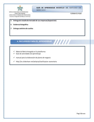 SERVICIO NACIONAL DEAPRENDIZAJE
DIRECCIÓN GENERAL
DIRECCIÓN DEFORMACIÓN PROFESIONAL
Sistema Integrado de Mejora Continua
Pag 4 de xxx
GUÍA DE APRENDIZAJE MODULO 10. ESTUDIO DE
MERCADO
FORMATO PE04
4. RECURSOS PARA EL APRENDIZAJE
5 Entrega de estudiode mercado de sus empresas(Exposición)
6 Evidenciafotográfica
7 Entrega cartelera de sueños
 Material Web entregado en la plataforma
 Guía de actividades de aprendizaje
 manual para la elaboración de planes de negocio
 http://es.slideshare.net/wilpica/clasificacion-arancelaria
 