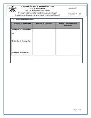 SERVICIO NACIONAL DE APRENDIZAJE SENA
GUÍA DE APRENDIZAJE
SISTEMA INTEGRADO DE GESTIÓN
Proceso Gestión de la Formación Profesional Integral
Procedimiento Ejecución de la Formación Profesional Integral
Versión:02
Código:GFPI-F-019
Página 4 de6
3.5 Actividadesde evaluación.
Evidencias de Aprendizaje Criterios de Evaluación Técnicas e Instrumentos de
Evaluación
Evidenciasde Conocimiento:
Cu
Evidenciasde Desempeño:
Evidencias de Producto:
 