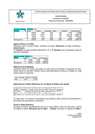 Regional Chocó
Centro de Recursos Naturales Industria y Biodiversidad del Chocó
GUIAS SISTEMAS
Competencia: 220501046
Resultado de aprendizaje: 22050104602
SENA
TECNICO SISTEMAS
QUIBDO 2015
Aplicar Filtros a la Tabla
Siguiendo con el mismo criterio, abriendo la opción Vehículos se dejan activados –
Auto-Camión
En Semana se deja activada solamente la 1° y 3° Semana. De lo ejecutado surge el
siguiente resultado.
Obtención de Subtablas
Haciendo doble clic sobre una celda, en este caso por ejemplo la segunda de Auto,
donde figura la cantidad 122350, Excel automáticamente produce un detalle en hoja
aparte según lo siguiente.
Aplicación de Tablas Dinámicas en una Base de Datos más amplia
En este caso, se incluye la recaudación que produce cada vehículo semanalmente, y
los totales de recaudación y beneficios.
Crear la Tabla Dinámica
Se sigue el mismo procedimiento que en el caso anterior. Pero en este caso, cuando
se diseñe la tabla: Ubicación de la Tabla … Diseño: Arrastrar el cuadrito de Mes a
 