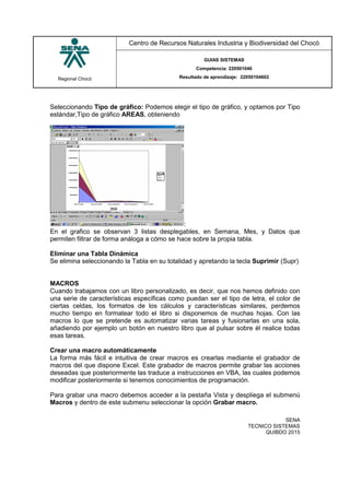 Regional Chocó
Centro de Recursos Naturales Industria y Biodiversidad del Chocó
GUIAS SISTEMAS
Competencia: 220501046
Resultado de aprendizaje: 22050104602
SENA
TECNICO SISTEMAS
QUIBDO 2015
Seleccionando Tipo de gráfico: Podemos elegir el tipo de gráfico, y optamos por Tipo
estándar,Tipo de gráfico AREAS, obteniendo
:
En el grafico se observan 3 listas desplegables, en Semana, Mes, y Datos que
permiten filtrar de forma análoga a cómo se hace sobre la propia tabla.
Eliminar una Tabla Dinámica
Se elimina seleccionando la Tabla en su totalidad y apretando la tecla Suprimir (Supr)
MACROS
Cuando trabajamos con un libro personalizado, es decir, que nos hemos definido con
una serie de características específicas como puedan ser el tipo de letra, el color de
ciertas celdas, los formatos de los cálculos y características similares, perdemos
mucho tiempo en formatear todo el libro si disponemos de muchas hojas. Con las
macros lo que se pretende es automatizar varias tareas y fusionarlas en una sola,
añadiendo por ejemplo un botón en nuestro libro que al pulsar sobre él realice todas
esas tareas.
Crear una macro automáticamente
La forma más fácil e intuitiva de crear macros es crearlas mediante el grabador de
macros del que dispone Excel. Este grabador de macros permite grabar las acciones
deseadas que posteriormente las traduce a instrucciones en VBA, las cuales podemos
modificar posteriormente si tenemos conocimientos de programación.
Para grabar una macro debemos acceder a la pestaña Vista y despliega el submenú
Macros y dentro de este submenu seleccionar la opción Grabar macro.
 