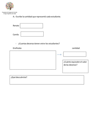 A.- Escribe la cantidad que representó cada estudiante.
Renato
Camila
- ¿Cuantas decenas tienen entre los estudiantes?
Grafícalas cantidad
¿Qué descubriste?
¿Cuánto equivalen el valor
de las decenas?
 