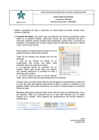 Regional Chocó
Centro de Recursos Naturales Industria y Biodiversidad
GUIAS TECNICO EN SISTEMAS
Competencia: 220501046
Resultado de aprendizaje: 22050104602
SENA
TECNICO SISTEMAS
QUIBDO 2015
casillas, agrupadas por filas y columnas, en cada casilla se puede insertar texto,
números o gráficos.
a. Creación de tablas: Se puede crear una tabla de tres formas equivalentes, todas
están en la pestaña Insertar, seleccionar dentro de una cuadrícula las filas o
columnas, definirla usando números para especificar cuantas filas y columnas se
necesitan o dibujándola con el ratón, según el tipo de tabla será más útil un método
u otro, vamos a ver los tres.
Para insertar una tabla debemos hacer clic en la
pestaña Insertar y seleccionar el botón
Tabla, allí se muestra una ventana con las tres
opciones.
1. Una de las formas es utilizar el un
cuadriculado que simula una tabla, cada
cuadrado sería una celda de la misma.
2. La segunda opción es haciendo clic en
Insertar Tabla, este vínculo abre una ventana
que permite determinar la cantidad de filas y
columnas para la tabla.
3. La tercer opción es usar el vínculo Dibujar
Tabla, aquí se dimensiona la tabla dibujándola con el Mouse.
Cuando creas una tabla, Word 2007 te permite aplicarle directamente un estilo con
un sólo clic para ello deberás seleccionar la tabla y mostrar el contenido de la
pestaña Diseño, allí podrás seleccionar uno entre un amplio listado en la sección
Estilos de tabla
Mediante esta opción podemos elegir entre varios formatos ya establecidos, como,
por ejemplo, Tabla con cuadrícula que es el que está marcado con un cuadro
naranja en la imagen. Word aplicará las características del formato elegido a
nuestra tabla.
 