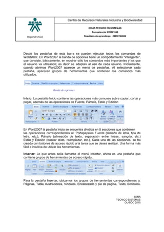 Regional Chocó
Centro de Recursos Naturales Industria y Biodiversidad
GUIAS TECNICO EN SISTEMAS
Competencia: 220501046
Resultado de aprendizaje: 22050104602
SENA
TECNICO SISTEMAS
QUIBDO 2015
Desde las pestañas de esta barra se pueden ejecutar todos los comandos de
Word2007. En Word2007 la banda de opciones tiene un comportamiento "inteligente",
que consiste, básicamente, en mostrar sólo los comandos más importantes y los que
el usuario va utilizando; es decir se adaptan al uso de cada usuario. Inicialmente,
cuando abrimos Word2007 aparece un menú de pestañas. Al seleccionar cada
pestaña, aparecen grupos de herramientas que contienen los comandos más
utilizados.
Inicio: La pestaña Inicio contiene las operaciones más comunes sobre copiar, cortar y
pegar, además de las operaciones de Fuente, Párrafo, Estilo y Edición
En Word2007 la pestaña Inicio se encuentra dividida en 5 secciones que contienen
las operaciones correspondientes al: Portapapeles Fuente (tamaño de letra, tipo de
letra, etc.), Párrafo (alineación de texto, separación entre líneas, sangría, etc.)
Estilo y Edición (buscar texto, reemplazar, etc.), Cada una de las secciones, se ha
creado con botones de acceso rápido a la tarea que se desea realizar. Una forma más
fácil e intuitiva de utilizar las herramientas.
Insertar: Lo que antes solía llamarse el menú Insertar, ahora es una pestaña que
contiene grupos de herramientas de acceso rápido.
Para la pestaña Insertar, ubicamos los grupos de herramientas correspondientes a:
Páginas, Tabla, Ilustraciones, Vínculos, Encabezado y pie de página, Texto, Símbolos.
 