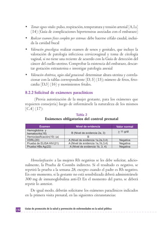 • Tomar signos vitales: pulso, respiración, temperatura y tensión arterial [A,1a]
        (14) (Guía de complicaciones hipertensivas asociadas con el embarazo)
      • Realizar examen físico completo por sistemas: debe hacerse céfalo caudal, inclui-
        da la cavidad bucal
      • Valoración ginecológica: realizar examen de senos y genitales, que incluye la
        valoración de patología infecciosa cervicovaginal y toma de citología
        vaginal, si no tiene una reciente de acuerdo con la Guía de detección del
        cáncer del cuello uterino. Comprobar la existencia del embarazo, descar-
        tar gestación extrauterina e investigar patología anexial
      • Valoración obstétrica, según edad gestacional: determinar altura uterina y correla-
        cionar con la tablas correspondiente [D, 5] (15); número de fetos, feto-
        cardia [D,3] (16) y movimientos fetales.
      8.2.2 Solicitud de exámenes paraclínicos
            (Previa autorización de la mujer gestante, para los exámenes que
      requieren consejería) luego de informársele la naturaleza de los mismos
      [C,4] (17):
                                                    Tabla 2
                        Exámenes obligatorios del control prenatal




         Hemoclasificación: a las mujeres Rh negativas se les debe solicitar, adicio-
      nalmente, la Prueba de Coombs indirecto. Si el resultado es negativo, se
      repetirá la prueba a la semana 28, excepto cuando el padre es Rh negativo.
      En este momento, si la gestante no está sensibilizada deberá administrársele
      300 mg de inmunoglobulina anti-D. En el momento del parto, se deberá
      repetir lo anterior.
          De igual modo, deberán solicitarse los exámenes paraclínicos indicados
      en la primera visita prenatal, en las siguientes circunstancias:


      Guías de promoción de la salud y prevención de enfermedades en la salud pública
132
 