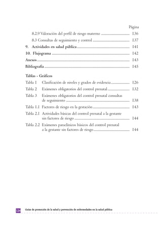 Página
            8.2.9 Valoración del perfil de riesgo materno .................................. 136
            8.3 Consultas de seguimiento y control ............................................ 137
      9. Actividades en salud pública ............................................................... 141
      10. Flujograma ............................................................................................. 142
      Anexos............................................................................................................... 143
      Bibliografía ...................................................................................................... 145

      Tablas - Gráficos
      Tabla 1          Clasificación de niveles y grados de evidencia ...................... 126
      Tabla 2          Exámenes obligatorios del control prenatal .......................... 132
      Tabla 3          Exámenes obligatorios del control prenatal consultas
                       de seguimiento ............................................................................ 138
      Tabla 1.1 Factores de riesgo en la gestación ............................................ 143
      Tabla 2.1 Actividades básicas del control prenatal a la gestante
                sin factores de riesgo .................................................................. 144
      Tabla 2.2 Exámenes paraclínicos básicos del control prenatal
                a la gestante sin factores de riesgo ........................................... 144




      Guías de promoción de la salud y prevención de enfermedades en la salud pública
124
 