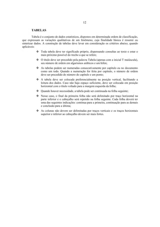 12
TABELAS
Tabela é o conjunto de dados estatísticos, dispostos em determinada ordem de classificação,
que expressam as variações qualitativas de um fenômeno, cuja finalidade básica é resumir ou
sintetizar dados. A construção de tabelas deve levar em consideração os critérios abaixo, quando
aplicáveis:
Toda tabela deve ter significado próprio, dispensando consultas ao texto e estar o
mais próximo possível do trecho a que se refere;
O título deve ser precedido pela palavra Tabela (apenas com a inicial T maiúscula),
seu número de ordem em algarismos arábicos e um hífen;
As tabelas podem ser numeradas consecutivamente por capítulo ou no documento
como um todo. Quando a numeração for feita por capítulo, o número de ordem
deve ser precedido do número do capítulo e um ponto;
A tabela deve ser colocada preferencialmente na posição vertical, facilitando a
leitura dos dados. Caso não haja espaço suficiente, deve ser colocada em posição
horizontal com o título voltado para a margem esquerda da folha;
Quando houver necessidade, a tabela pode ser continuada na folha seguinte;
Nesse caso, o final da primeira folha não será delimitado por traço horizontal na
parte inferior e o cabeçalho será repetido na folha seguinte. Cada folha deverá ter
uma das seguintes indicações: continua para a primeira, continuação para as demais
e conclusão para a última;
As colunas não devem ser delimitadas por traços verticais e os traços horizontais
superior e inferior ao cabeçalho devem ser mais fortes.
 
