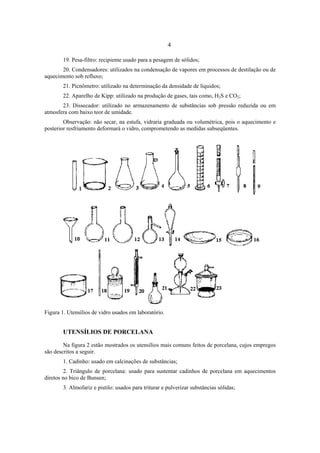 4
19. Pesa-filtro: recipiente usado para a pesagem de sólidos;
20. Condensadores: utilizados na condensação de vapores em processos de destilação ou de
aquecimento sob refluxo;
21. Picnômetro: utilizado na determinação da densidade de líquidos;
22. Aparelho de Kipp: utilizado na produção de gases, tais como, H2S e CO2;
23. Dissecador: utilizado no armazenamento de substâncias sob pressão reduzida ou em
atmosfera com baixo teor de umidade.
Observação: não secar, na estufa, vidraria graduada ou volumétrica, pois o aquecimento e
posterior resfriamento deformará o vidro, comprometendo as medidas subseqüentes.
Figura 1. Utensílios de vidro usados em laboratório.
UTENSÍLIOS DE PORCELANA
Na figura 2 estão mostrados os utensílios mais comuns feitos de porcelana, cujos empregos
são descritos a seguir.
1. Cadinho: usado em calcinações de substâncias;
2. Triângulo de porcelana: usado para sustentar cadinhos de porcelana em aquecimentos
diretos no bico de Bunsen;
3. Almofariz e pistilo: usados para triturar e pulverizar substâncias sólidas;
 