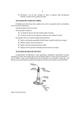 8
Terminado o uso do gás, verifique se todos os registros estão devidamente
fechados, evitando assim o perigo de escape.
MANUSEIO DE TUBOS DE VIDRO
O trabalho com vidro exige muito cuidado, pois envolve o perigo de cortes e queimaduras
(ver as Normas de Segurança).
Inserção de tubos de vidro em rolhas:
Nesta operação verifique se:
As bordas do tubo de vidro não contêm regiões cortantes;
O orifício na rolha tem um diâmetro condizente com o diâmetro do tubo.
Em seguida, observar as seguintes etapas de procedimento:
Aplicar uma pequena quantidade de lubrificante à superfície (glicerina ou água);
Proteja as mãos com um tecido grosso;
Segure o tubo de vidro bem próximo à rolha;
Aplique uma leve pressão combinada com movimentos de rotação.
MANUSEIO DO BICO DE BUNSEN
O aquecimento em laboratório é feito, geralmente, utilizando-se queimadores de gases
combustíveis sendo o mais simples deles o bico de Bunsen (figura 5). Outro desses queimadores é o
bico de Meker, o qual é uma modificação do bico de Bunsen. Este queimador é maior que o de
Bunsen e possui uma grelha que ajuda na formação de uma chama mais quente e mais distribuída.
Figura 5. Bico de bunsen.
 
