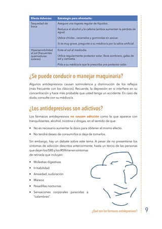 ¿Qué son los fármacos antidepresivos? 9
Efecto Adverso: Estrategia para afrontarlo:
Sequedad de
boca
Asegure una ingesta regular de líquidos.
Reduzca el alcohol y la cafeína (ambos aumentan la pérdida de
agua)
Utilice chicles , caramelos y gominolas sin azúcar.
Si es muy grave, pregunte a su médico/a por la saliva artificial.
Hipersensibilidad
al sol (frecuentes
quemaduras
solares)
Evite el sol al mediodía.
Utilice regularmente protector solar; lleve sombrero, gafas de
sol y camiseta.
Pida a su médico/a que le prescriba una protector solar.
¿Se puede conducir o manejar maquinaria?
Algunos antidepresivos causan somnolencia y disminución de los reflejos
(más frecuente con los clásicos). Recuerde, la depresión en sí interfiere en su
concentración y hace más probable que usted tenga un accidente. En caso de
duda, consulte con su médico/a.
¿Los antidepresivos son adictivos?
Los fármacos antidepresivos no causan adicción como la que aparece con
tranquilizantes, alcohol, nicotina o drogas, en el sentido de que:
•	 No es necesario aumentar la dosis para obtener el mismo efecto.
•	 No tendrá deseo de consumirlos si deja de tomarlos.
Sin embargo, hay un debate sobre este tema. A pesar de no presentarse los
síntomas de adicción descritos anteriormente, hasta un tercio de las personas
quedejanlosISRSylosIRSNtienensíntomas
de retirada que incluyen:
•	 Molestias digestivas
•	Irritabilidad
•	 Ansiedad, sudoración
•	Mareos
•	 Pesadillas nocturnas
•	Sensaciones corporales parecidas a
“calambres”.
 