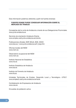Esta información podemos obtenerla a partir de fuentes diversas:
FUENTES DONDE PUEDE CONSEGUIR INFORMACIÓN SOBRE EL
MERCADO DE TRABAJO
Consejerías del la Junta de Andalucía a través de sus Delegaciones Provinciales
www.junta-andalucia.es
Servicios de orientación Andalucía Orienta
www.empleo.cedt.junta-andalucia.es/orienta
Publicaciones oficiales: BOP, BOJA, BOE, DOCE
www.boe.es / www.junta-andalucia.es/fr_boja.htm
Oficinas locales del INEM
www.inem.es
Observatorio ocupacional del INEM
www.inem.es
Instituto Nacional de Estadística
www.ine.es
Instituto Estadística de Andalucía
www.iea.es
Instituto de Fomento de Andalucía
www.ifa.es
Unidades Territoriales de Empleo, Desarrollo Local y Tecnológico. UTDLT.
www.empleo2.cedt.junta-andalucia.es/raute
Confederación de Empresarios de Andalucía
www.cea.es
Encuestas de población activa
52
 