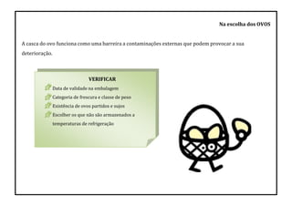 Na escolha dos OVOS
A casca do ovo funciona como uma barreira a contaminações externas que podem provocar a sua
deterioração.
VERIFICAR
Data de validade na embalagem
Categoria de frescura e classe de peso
Existência de ovos partidos e sujos
Escolher os que não são armazenados a
temperaturas de refrigeração
 