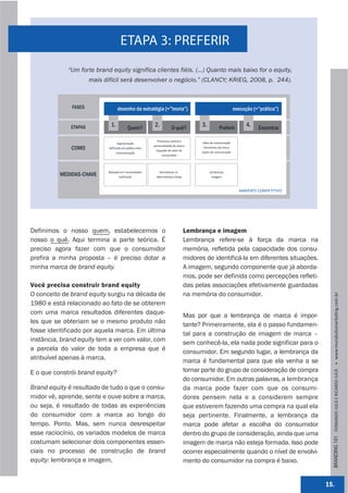 ETAPA 3: PREFERIR
             “Um forte brand equity significa clientes fiéis. (...) Quanto mais baixo for o equity,
                       mais difícil será desenvolver o negócio.” (CLANCY; KRIEG, 2008, p. 244).



              FASES                  desenho da estratégia (=”teoria”)                                        execução (=”prática”)


              ETAPAS           1.           Quem?
                                                         2.          O quê?
                                                                                      3.           Preferir
                                                                                                                    4.   Encontrar

                                                           Promessa central e 
                                    Segmentação                                        Idéia de comunicação
                                                         personalidade da marca
              COMO            Deﬁnição do público‐alvo
                                                          Equação de valor do 
                                                                                       Elementos da marca
                                    Caracterização                                    Ações de comunicação
                                                              consumidor




                              Baseado em necessidades       Vencedoras vs.                 Lembrança
          MEDIDAS-CHAVE               Suﬁciente           alterna,va(s)‐chave                Imagem



                                                                                                                AMBIENTE COMPETITIVO




Definimos o nosso quem, estabelecemos o                                         Lembrança e imagem
nosso o quê. Aqui termina a parte teórica. É                                    Lembrança refere-se à força da marca na
preciso agora fazer com que o consumidor                                        memória, refletida pela capacidade dos consu-
prefira a minha proposta – é preciso dotar a                                    midores de identificá-la em diferentes situações.
minha marca de brand equity.                                                    A imagem, segundo componente que já aborda-
                                                                                mos, pode ser definida como percepções refleti-
Você precisa construir brand equity                                             das pelas associações efetivamente guardadas
O conceito de brand equity surgiu na década de                                  na memória do consumidor.




                                                                                                                                         BRANDING 101 FERNANDO JUCÁ E RICARDO JUCÁ         www.mundodomarke,ng.com.br
1980 e está relacionado ao fato de se obterem
com uma marca resultados diferentes daque-                                      Mas por que a lembrança de marca é impor-
les que se obteriam se o mesmo produto não                                      tante? Primeiramente, ela é o passo fundamen-
fosse identificado por aquela marca. Em última                                  tal para a construção de imagem de marca –
instância, brand equity tem a ver com valor, com                                sem conhecê-la, ela nada pode significar para o
a parcela do valor de toda a empresa que é                                      consumidor. Em segundo lugar, a lembrança da
atribuível apenas à marca.                                                      marca é fundamental para que ela venha a se
E o que constrói brand equity?                                                  tornar parte do grupo de consideração de compra
                                                                                do consumidor. Em outras palavras, a lembrança
Brand equity é resultado de tudo o que o consu-                                 da marca pode fazer com que os consumi-
midor vê, aprende, sente e ouve sobre a marca,                                  dores pensem nela e a considerem sempre
ou seja, é resultado de todas as experiências                                   que estiverem fazendo uma compra na qual ela
do consumidor com a marca ao longo do                                           seja pertinente. Finalmente, a lembrança da
tempo. Ponto. Mas, sem nunca desrespeitar                                       marca pode afetar a escolha do consumidor
esse raciocínio, os variados modelos de marca                                   dentro do grupo de consideração, ainda que uma
costumam selecionar dois componentes essen-                                     imagem de marca não esteja formada. Isso pode
ciais no processo de construção de brand                                        ocorrer especialmente quando o nível de envolvi-
equity: lembrança e imagem.                                                     mento do consumidor na compra é baixo.


                                                                                                                                       15.
 