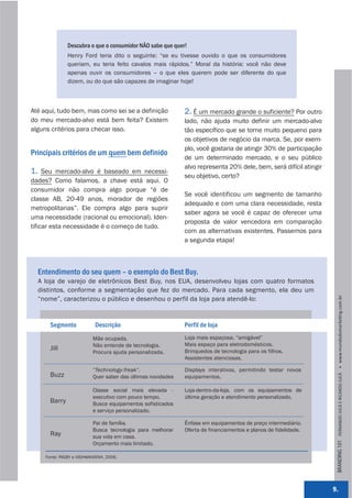 Descubra o que o consumidor NÃO sabe que quer!
               Henry Ford teria dito o seguinte: “se eu tivesse ouvido o que os consumidores
               queriam, eu teria feito cavalos mais rápidos.” Moral da história: você não deve
               apenas ouvir os consumidores – o que eles querem pode ser diferente do que
               dizem, ou do que são capazes de imaginar hoje!



Até aqui, tudo bem, mas como sei se a definição              2. É um mercado grande o suficiente? Por outro
do meu mercado-alvo está bem feita? Existem                  lado, não ajuda muito definir um mercado-alvo
alguns critérios para checar isso.                           tão específico que se torne muito pequeno para
                                                             os objetivos de negócio da marca. Se, por exem-
                                                             plo, você gostaria de atingir 30% de participação
Principais critérios de um quem bem definido
                                                             de um determinado mercado, e o seu público
                                                             alvo representa 20% dele, bem, será difícil atingir
1. Seu mercado-alvo é baseado em necessi-
                                                             seu objetivo, certo?
dades? Como falamos, a chave está aqui. O
consumidor não compra algo porque “é de
                                                             Se você identificou um segmento de tamanho
classe AB, 20-49 anos, morador de regiões
                                                             adequado e com uma clara necessidade, resta
metropolitanas”. Ele compra algo para suprir
                                                             saber agora se você é capaz de oferecer uma
uma necessidade (racional ou emocional). Iden-
                                                             proposta de valor vencedora em comparação
tificar esta necessidade é o começo de tudo.
                                                             com as alternativas existentes. Passemos para
                                                             a segunda etapa!



  Entendimento do seu quem – o exemplo do Best Buy.
  A loja de varejo de eletrônicos Best Buy, nos EUA, desenvolveu lojas com quatro formatos
  distintos, conforme a segmentação que fez do mercado. Para cada segmento, ela deu um
  “nome”, caracterizou o público e desenhou o perfil da loja para atendê-lo:




                                                                                                                    BRANDING 101 FERNANDO JUCÁ E RICARDO JUCÁ         www.mundodomarke,ng.com.br
       Segmento            Descrição                         Perfil de loja
                          Mãe ocupada.                       Loja mais espaçosa, “amigável”
                          Não entende de tecnologia.         Mais espaço para eletrodomésticos.
       Jill                                                  Brinquedos de tecnologia para os filhos.
                          Procura ajuda personalizada.
                                                             Assistentes atenciosas.

                          “Technology-freak”.                Displays interativos, permitindo testar novos
       Buzz               Quer saber das últimas novidades   equipamentos.

                          Classe social mais elevada -       Loja-dentro-da-loja, com os equipamentos de
                          executivo com pouco tempo.         última geração e atendimento personalizado.
       Barry              Busca equipamentos sofisticados
                          e serviço personalizado.

                          Pai de família.                    Ênfase em equipamentos de preço intermediário.
                          Busca tecnologia para melhorar     Oferta de financiamentos e planos de fidelidade.
       Ray                sua vida em casa.
                          Orçamento mais limitado.

     Fonte: RIGBY e VISHWANATAH, 2006.




                                                                                                                   9.
 