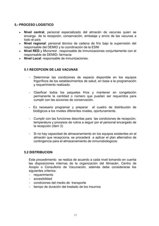 5.- PROCESO LOGISTICO

  •   Nivel central, personal especializado del almacén de vacunas quien se
      encarga de la recepción, conservación, embalaje y envío de las vacunas a
      todo el país
  •   Nivel regional: personal técnico de cadena de frío bajo la supervisión del
      responsable del DEMID y la coordinación de la ESNI
  •   Nivel RED y Microrred : responsable de inmunizaciones conjuntamente con el
      responsable de DEMID- farmacia
  •   Nivel Local: responsable de inmunizaciones.


      5.1 RECEPCION DE LAS VACUNAS

         -   Determinar las condiciones de espacio disponible en los equipos
             frigoríficos de los establecimientos de salud, en base a la programación
             y requerimiento realizado.

         -   Clasificar todos los paquetes fríos y mantener en congelación
             permanente la cantidad o número que puedan ser requeridos para
             cumplir con las acciones de conservación.

         -   Es necesario programar y preparar el cuadro de distribución de
             biológicos a los niveles diferentes niveles, oportunamente.

         -   Cumplir con las funciones descritas para las condiciones de recepción,
             temperatura y procesos de rutina a seguir por el personal encargado de
             la recepción (ítem 3)

         -   Si no hay capacidad de almacenamiento en los equipos existentes en el
             almacén que recepciona, se procederá a aplicar el plan alternativo de
             contingencia para el almacenamiento de inmunobiologicos:


      5.2 DISTRIBUCION

         Este procedimiento se realiza de acuerdo a cada nivel tomando en cuenta
         las disposiciones internas de la organización del Almacén, Centro de
         Acopio o Consultorio de Vacunación, además debe considerarse los
         siguientes criterios:
         - requerimiento
         - accesibilidad
         - condiciones del medio de transporte
         - tiempo de duración del traslado de los insumos




                                         11
 
