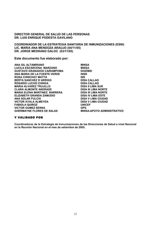 DIRECTOR GENERAL DE SALUD DE LAS PERSONAS
DR. LUIS ENRIQUE PODESTA GAVILANO

COORDINADOR DE LA ESTRATEGIA SANITARIA DE INMUNIZACIONES (ESNI)
LIC. MARIA ANA MENDOZA ARAUJO (04/11/05)
DR. JORGE MEDRANO GALOC (03/11/05)

Este documento fue elaborado por:
ANA GIL ALTAMIRANO                                MINSA
LUCILA ESCARCENA MARZANO                          MINSA
GUSTAVO GRANADOS CAIRAMPOMA                       DIGEMID
ANA MARIA DE LA FUENTE VERDE                      INSN
ROSA CHINCHAY MATTA                               INS
BERTA SANCHEZ D´ARRIGO                            DISA CALLAO
ROSARIO LUCHO CHINGA                              DISA CALLAO
MARIA ALVAREZ TRUJILLO                            DISA II LIMA SUR
CLARA ALMONTE ANDRADE                             DISA III LIMA NORTE
MARIA ELENA MARTINEZ BARRERA                      DISA III LIMA NORTE
ELIZABETH GRANDA ZAMUDIO                          DISA IV LIMA ESTE
ANA SOLAR FULCHI                                  DISA V LIMA CIUDAD
VICTOR AYALA ALMEYDA                              DISA V LIMA CIUDAD
FABIOLA QUIROZ                                    UNICEF
VICTOR GOMEZ SERNA                                OPS
GHERMAYNE FLORES DE SALAS                         MINSA-APOYO ADMINISTRATIVO

Y VALIDADO POR

Coordinadoras de la Estrategia de Inmunizaciones de las Direcciones de Salud a nivel Nacional
en la Reunión Nacional en el mes de setiembre de 2005.




                                             23
 