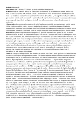 Habitat: manguezais
Ocorrência: todo o Atlântico Ocidental. No Brasil, do Pará à Santa Catarina.
Hábitos: vivem em substrato arenoso ou lodoso onde escavam tocas ou podem refugiar-se entre fendas. Suas
tocas na lama são cobertas pela maré alta e ficam à mostra na maré baixa. Durante a maré alta refugiam-se em
tocas e na maré baixa saem em busca de alimento. Essas tocas têm de 0,5 a 1,5 m de profundidade, são habitadas
por um único animal, sendo pronunciado o territorialismo da espécie. Assim como outros caranguejos do mangue,
apresenta grande importância ecológica. A atividade escavadora proporciona oxigenação e drenagem do
sedimento.
Alimentação: s ão onívoros, alimentando-se de tudo. Sua dieta é constituída principalmente por matéria vegetal
(folhas em decomposição, frutos e sementes das árvores do mangue), contribuindo para a aceleração da
reciclagem dos nutrientes, mas alimenta-se também de outros invertebrados, como crustáceos e moluscos. Podem
comer também fungos que crescem nas folhas de mangue, após estas serem transportadas para o interior da toca.
Reprodução: quando chega o momento da reprodução, que se dá nos meses mais quentes do ano, os animais
deixam suas tocas em busca de parceiro para a cópula e/ou realizar a desova e desta forma se tornam presas fáceis
não só para os catadores, mas também para pessoas que usualmente não realizam a captura destes crustáceos. Este
fenômeno, ainda muito pouco investigado cientificamente, é conhecido como "andada" ou "carnaval". A fêmea do
caranguejo, após a cópula, põe dezenas de milhares de ovos muito pequenos e coloração avermelhada. Os ovos
são carregados, após a postura, nas patas do abdome, que tem formato arredondado e pode ser observado na
região ventral (embaixo do corpo do animal). As fêmeas ovadas migram em direção à água, onde ocorre o
nascimento das larvas, que seguem para o mar e, após passarem por uma fase de crescimento rápido e
metamorfose, retornam para o mangue, onde continuarão crescendo e atingirão a maturidade sexual. A
mortalidade na fase larval é muito elevada.
Ameaças: é a espécie mais procurada para alimentação humana. Sua carne é muito apreciada e é comum observar
o comércio desta espécie principalmente no litoral. É de grande importância sócio-econômica no Norte/Nordeste
do Brasil pois, além de ser um recurso de subsistência, sua captura constitui a única fonte de renda de inúmeras
famílias. A pesca predatória, associada à falta de uma fiscalização efetiva e a degradação dos manguezais, e ao
desrespeito das leis ambientais, são fatores que têm sido responsáveis pela redução acentuada das populações do
caranguejo-uçá nos últimos anos. Hoje, a espécie encontra-se ameaçada de extinção.Visando proteger o uçá
durante seu período reprodutivo, o IBAMA, em sua portaria no 124, de 25 de setembro de 2002, proibiu a
captura, a manutenção em cativeiro e a comercialização de machos e fêmeas nos estados do Espírito Santo, Rio de
Janeiro, São Paulo, Paraná e Santa Catarina, de 1º de outubro a 1º de dezembro e a captura de fêmeas de 1º a 31
de dezembro. A portaria proíbe, ainda, a captura de fêmeas ovadas em qualquer época do ano, assim como de
animais com largura da carapaça inferior a 6 cm. Estudos sobre o caranguejo-uçá, especialmente sobre sua
reprodução, devem ser incentivados e acelerados, sobretudo no Norte e Nordeste do Brasil, onde o consumo em
algumas capitais é elevado e o volume de informações sobre sua biologia é escasso. Os resultados destes estudos,
somados ao conhecimento empírico dos catadores, serão fundamentais para a criação de leis protecionistas para o
uçá nestas regiões. De um caranguejo, as partes com mais carne são as patas da frente, terminadas em pinça. O
resto do bicho é quase todo descartado. Quando catavam caranguejos, os povos da floresta retiravam-lhes só a
pinça. Como qualquer crustáceo, a pata regenera e o bicho não é sacrificado. Assim, nunca faltaria caranguejo no
mangue. O problema é que o corte deve ser feito na articulação junto à base e, na maioria das vezes, o apêndice é
retirado sem nenhum cuidado, danificando estruturas respiratórias ligadas à pinça e causando a morte do bicho.
Seria injusto dizer que somente a pesca indiscriminada é responsável pela diminuição dos estoques dos
crustáceos. O aterro dos mangues, as indústrias que lançam o esgoto nos rios e o desmatamento contribuem para a
quebra da cadeia alimentar, expulsando e eliminando espécies.
 