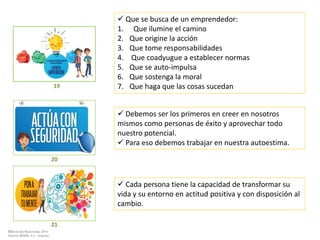 ©Derechos Reservados 2014
Sistema DESEM, A.C./Impulsa
 Que se busca de un emprendedor:
1. Que ilumine el camino
2. Que origine la acción
3. Que tome responsabilidades
4. Que coadyugue a establecer normas
5. Que se auto-impulsa
6. Que sostenga la moral
7. Que haga que las cosas sucedan
 Debemos ser los primeros en creer en nosotros
mismos como personas de éxito y aprovechar todo
nuestro potencial.
 Para eso debemos trabajar en nuestra autoestima.
 Cada persona tiene la capacidad de transformar su
vida y su entorno en actitud positiva y con disposición al
cambio.
19
21
20
 